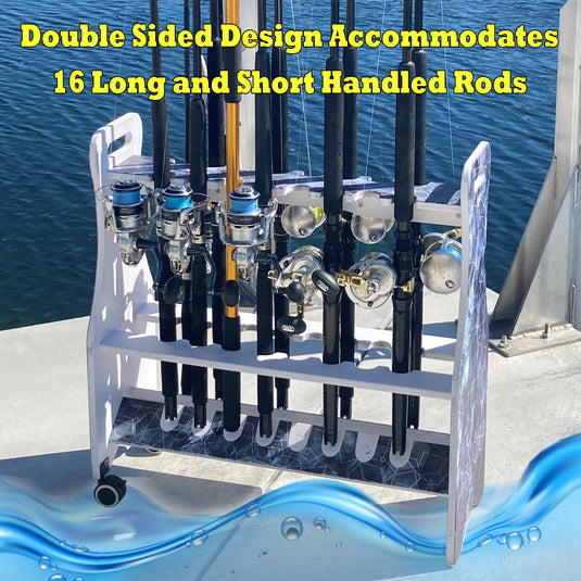 Reel Salty Saltwater 16-Rod Rolling Fishing Rod Rack – Mobile Floor Storage Organizer