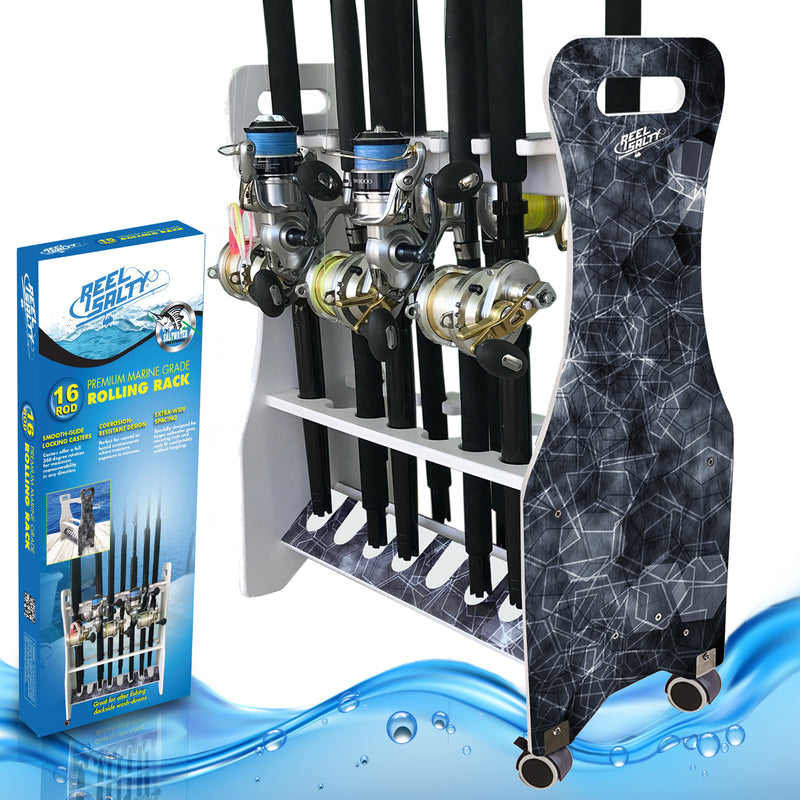 Load image into Gallery viewer, Reel Salty Saltwater 16-Rod Rolling Fishing Rod Rack – Mobile Floor Storage Organizer
