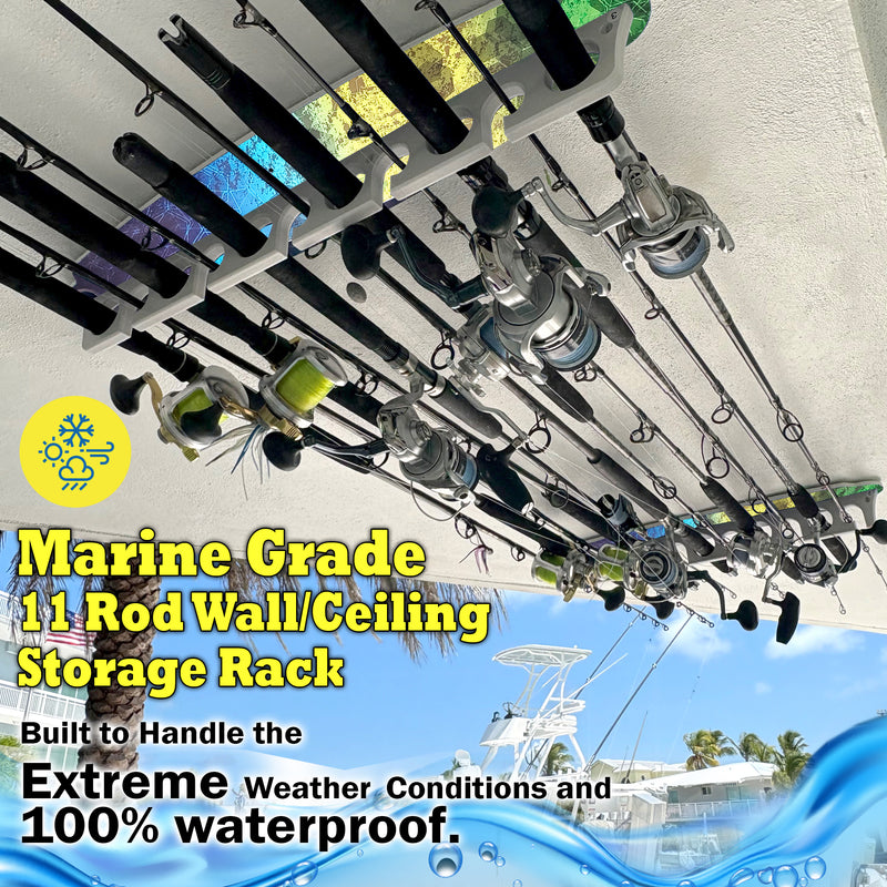 Load image into Gallery viewer, Reel Salty 11 Rod Waterproof Offshore &amp; Inshore Fishing Rod Holder Wall-Mounted Garage Storage Rack for Rods, Mahi
