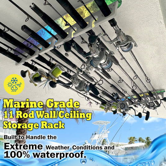 Reel Salty 11 Rod Waterproof Offshore & Inshore Fishing Rod Holder Wall-Mounted Garage Storage Rack for Rods, Mahi