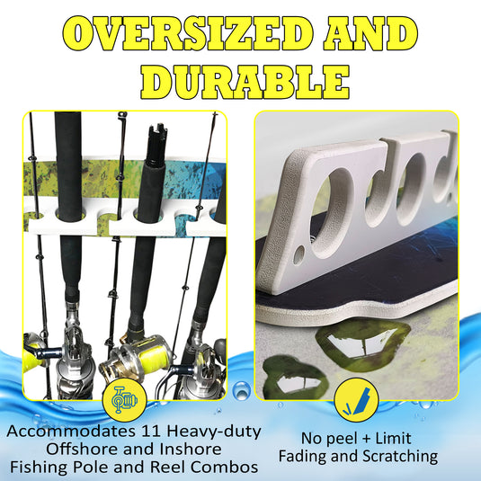 Reel Salty 11 Rod Waterproof Offshore & Inshore Fishing Rod Holder Wall-Mounted Garage Storage Rack for Rods, Mahi
