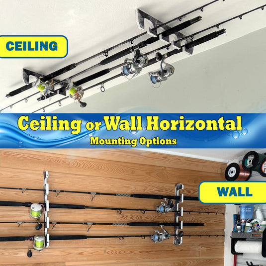 Reel Salty 4 Rod Wall & Ceiling Fishing Rod Rack – Space-Saving Storage Holder for Garage, Home or Tackle Shed
