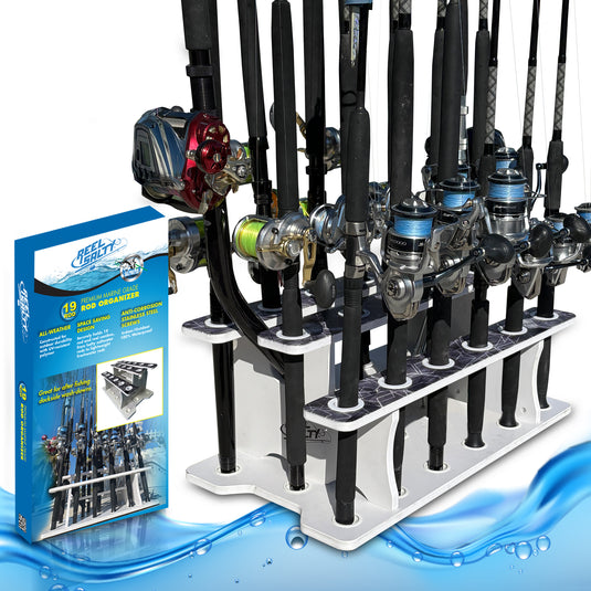 Reel Salty 19-Rod Fishing Rod Rack – Waterproof Saltwater Rod Holder for Garage & Dock Storage