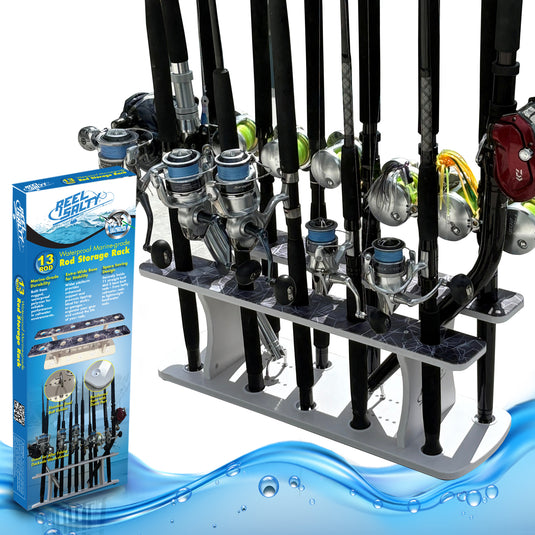 Reel Salty 13 Rod 2-Tier Fishing Rod Floor Rack – Heavy-Duty Organizer for Rods & Gear | Space-Saving Fishing Pole Holder