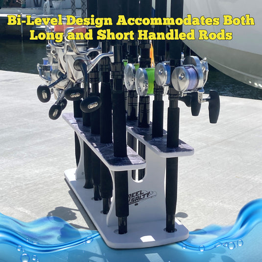 Reel Salty 11-Rod Marine Grade Fishing Rod Holder – Waterproof UV-Resistant Bi-Level Fishing Pole Storage Rack for Garage, Dock & Boat, Gray/White/Blue