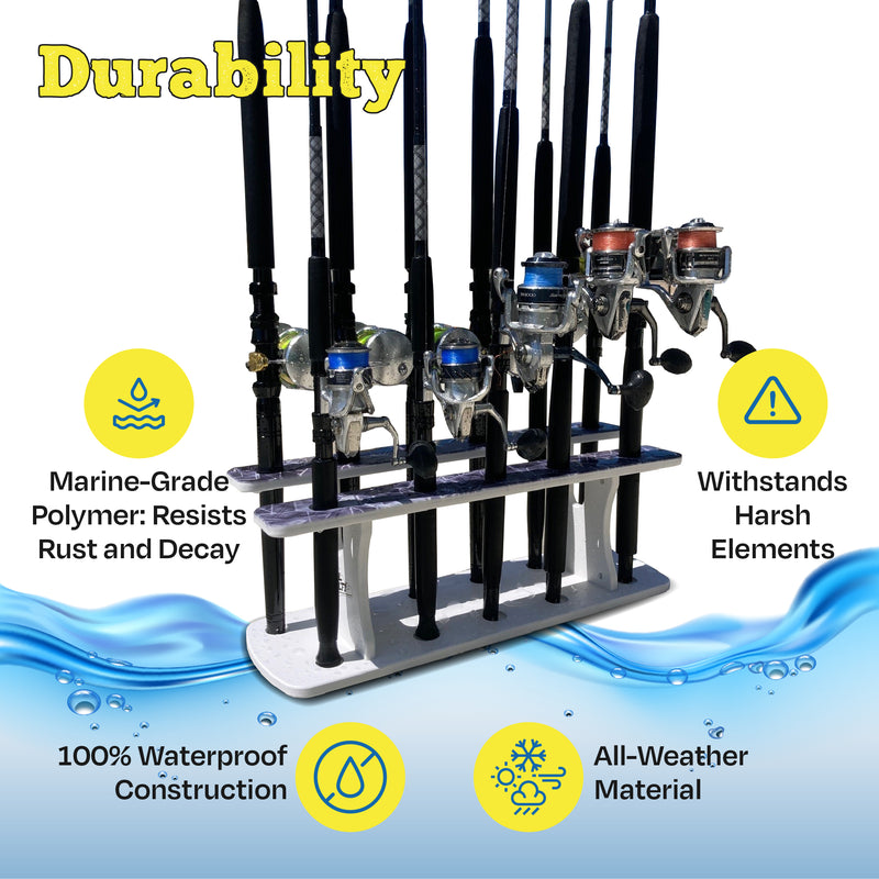 Load image into Gallery viewer, Reel Salty 11-Rod Marine Grade Fishing Rod Holder – Waterproof UV-Resistant Bi-Level Fishing Pole Storage Rack for Garage, Dock &amp; Boat, Gray/White/Blue
