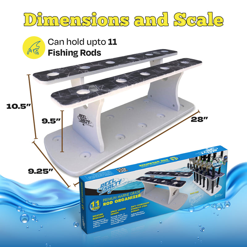 Load image into Gallery viewer, Reel Salty 11-Rod Marine Grade Fishing Rod Holder – Waterproof UV-Resistant Bi-Level Fishing Pole Storage Rack for Garage, Dock &amp; Boat, Gray/White/Blue
