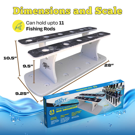 Reel Salty 11-Rod Marine Grade Fishing Rod Holder – Waterproof UV-Resistant Bi-Level Fishing Pole Storage Rack for Garage, Dock & Boat, Gray/White/Blue
