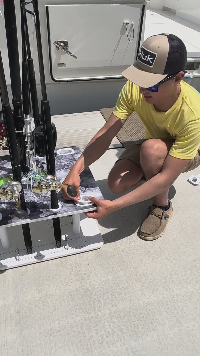 Load and play video in Gallery viewer, Reel Salty 10-Rod Fishing Rod Holder Rack – Offshore &amp; Inshore Boat Rod Storage Organizer
