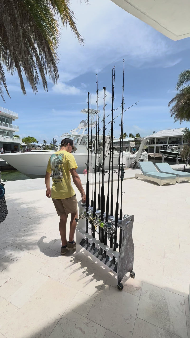 Load and play video in Gallery viewer, Reel Salty Saltwater 16-Rod Rolling Fishing Rod Rack – Mobile Floor Storage Organizer

