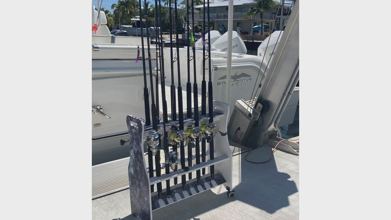 Load and play video in Gallery viewer, Reel Salty Saltwater 16-Rod Rolling Fishing Rod Rack – Mobile Floor Storage Organizer
