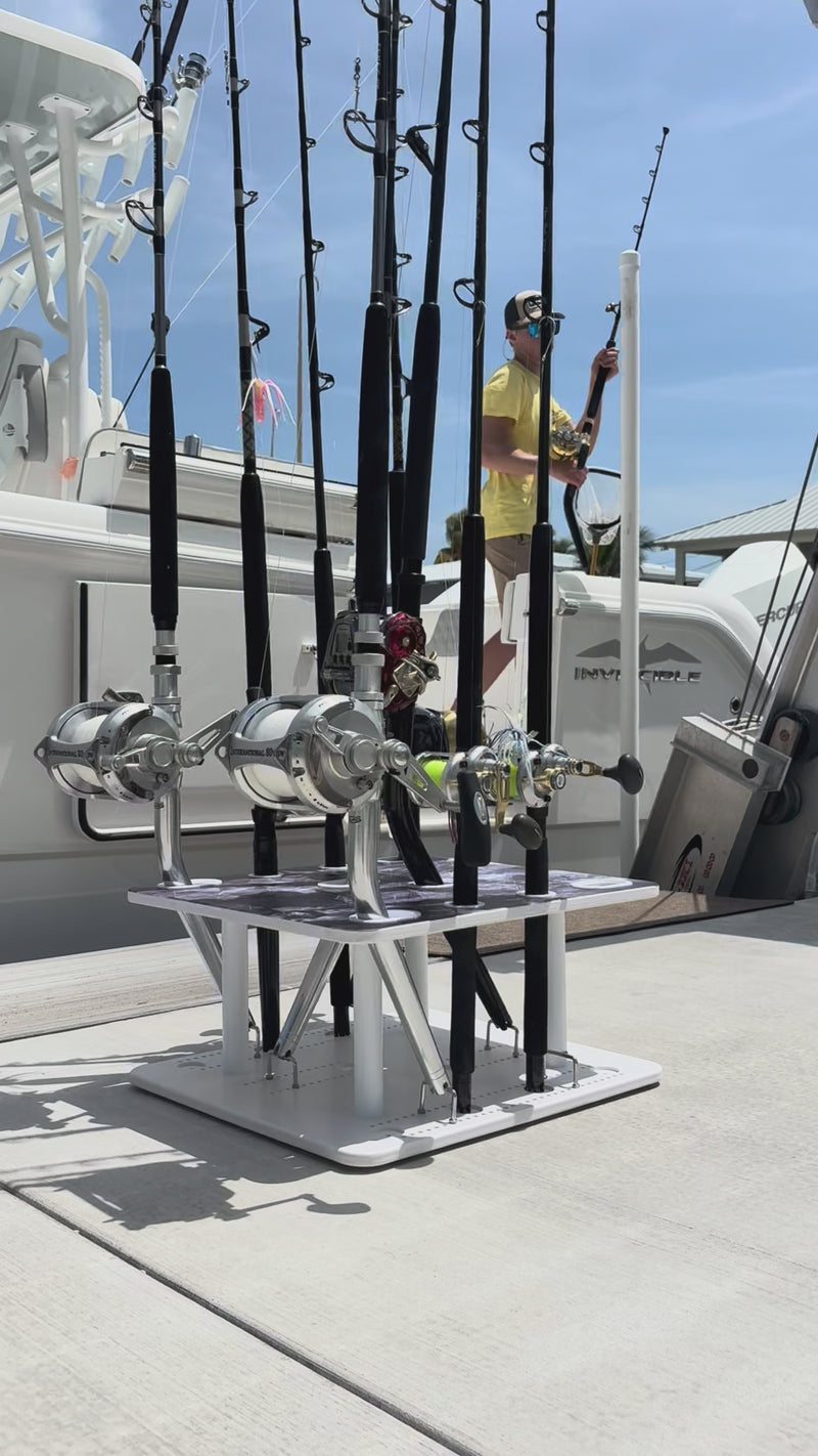 Load and play video in Gallery viewer, Reel Salty 10-Rod Fishing Rod Holder Rack – Offshore &amp; Inshore Boat Rod Storage Organizer
